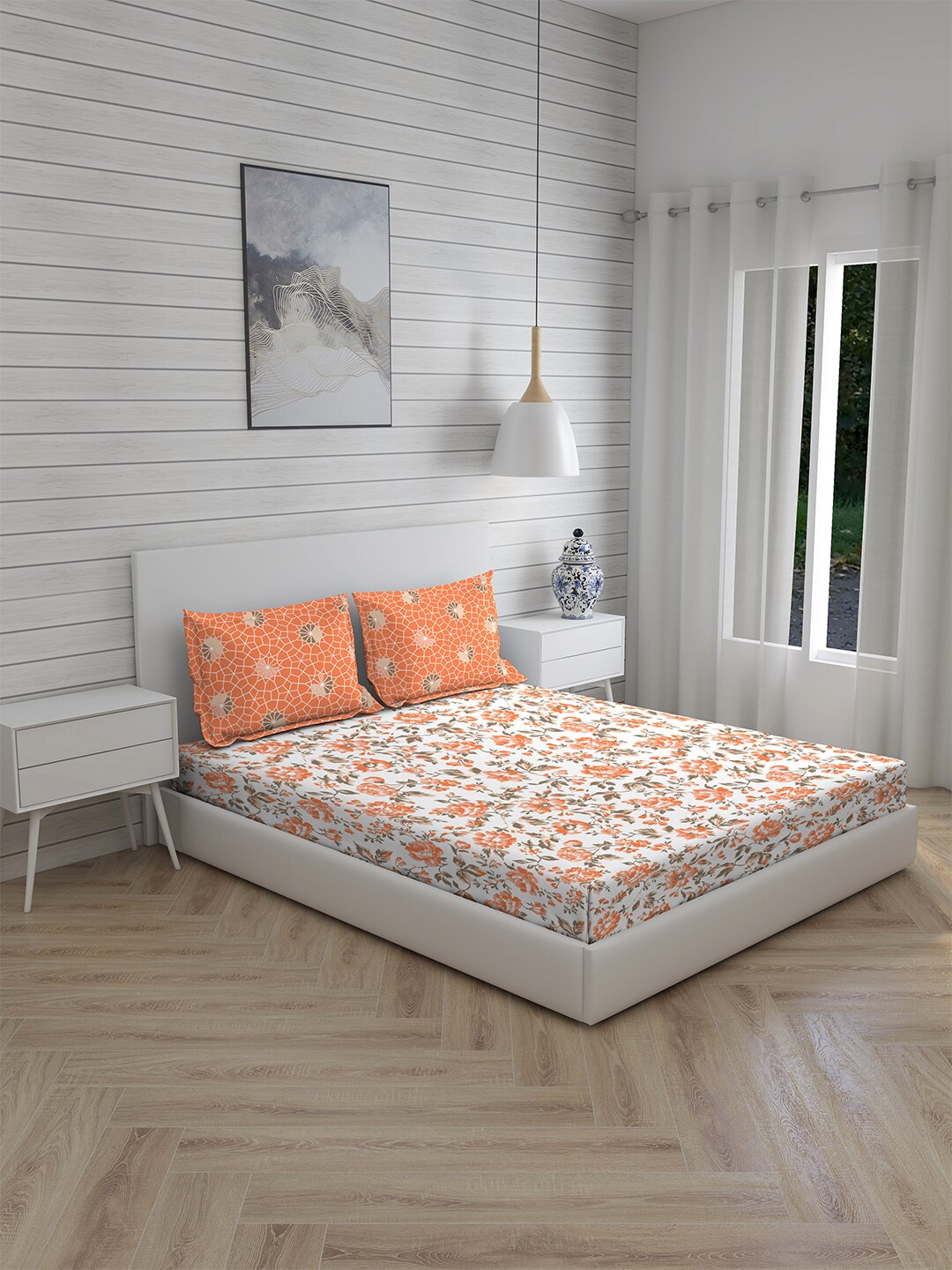 

Layers White & Orange Floral 144 TC King Bedsheet with 2 Pillow Covers