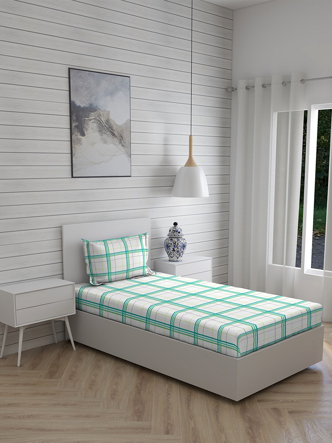 

Layers Green & White Geometric 144 TC Single Bedsheet with 1 Pillow Covers