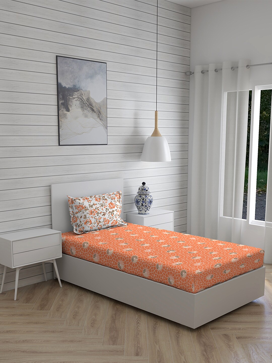 

Layers Orange & White Floral 144 TC Single Bedsheet with 1 Pillow Covers