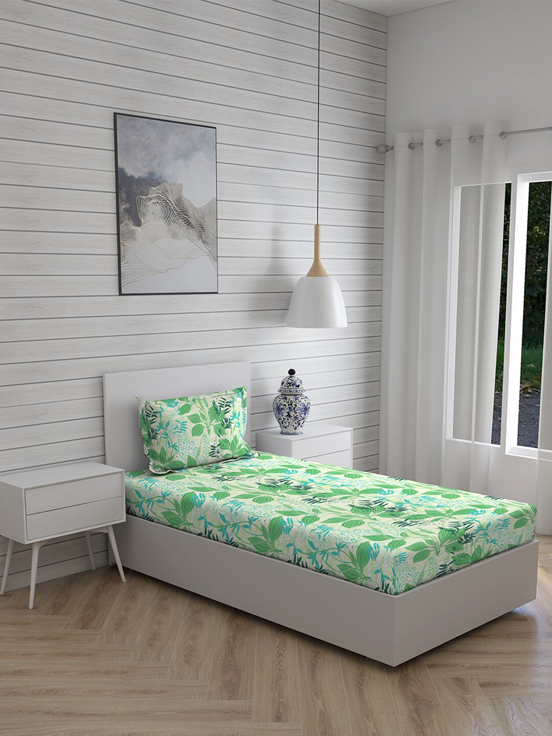 

Layers Green & Blue Floral 144 TC Single Bedsheet with 1 Pillow Cover