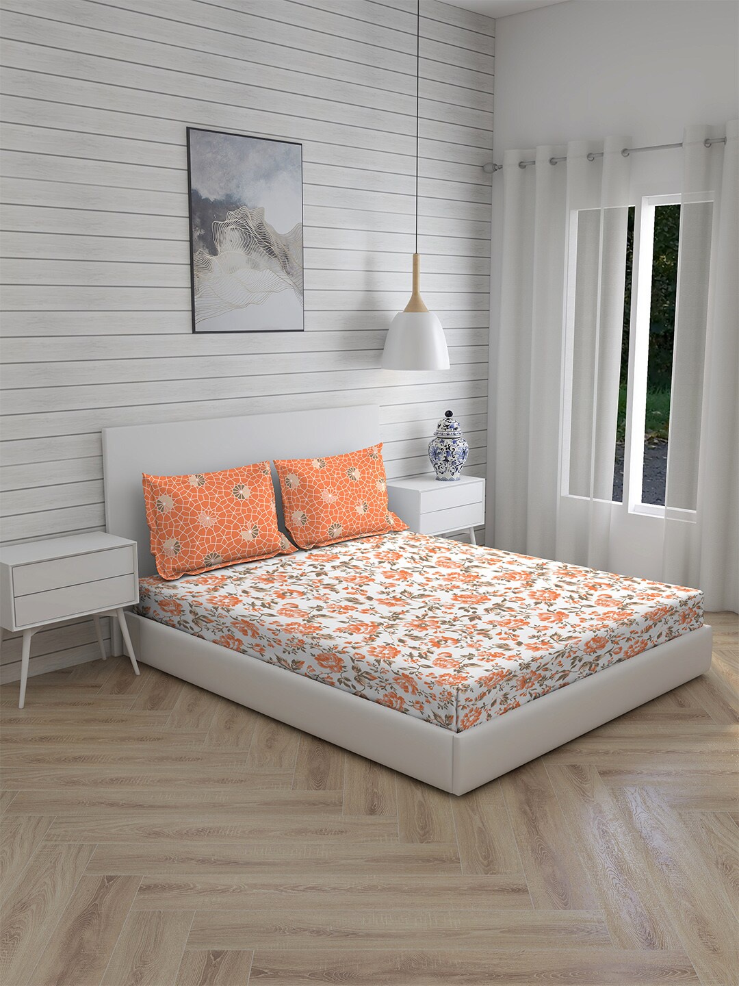 

Layers White & Orange Floral 146 TC Queen Bedsheet with 2 Pillow Covers