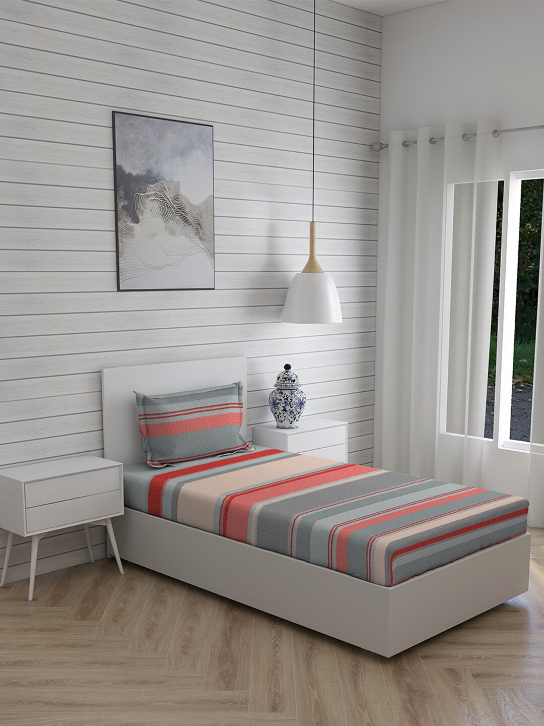 

Layers Red & Grey Striped 144 TC Single Bedsheet with 1 Pillow Cover
