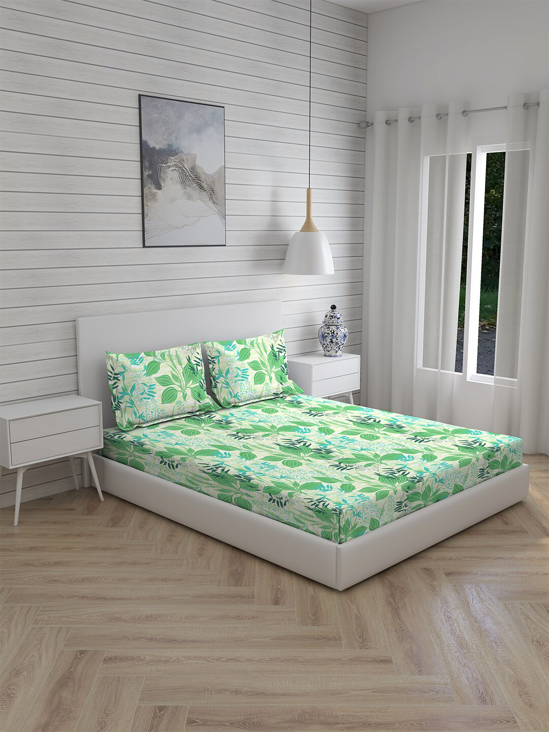 

Layers Green & Blue Floral 146 TC King Bedsheet with 2 Pillow Covers