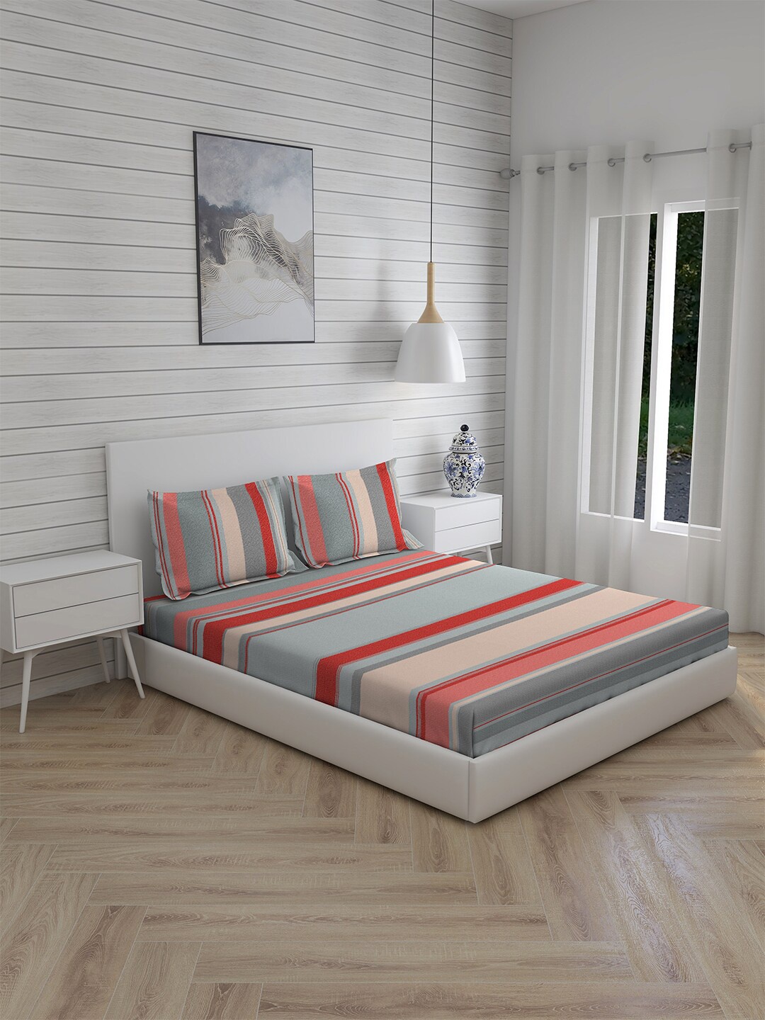 

Layers Coral & Grey Striped 144 TC King Bedsheet with 2 Pillow Covers
