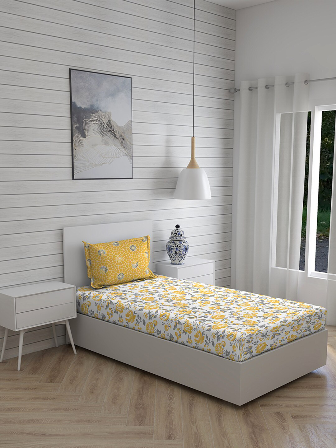 

Layers Yellow & White Floral 144 TC Single Bedsheet with 1 Pillow Covers