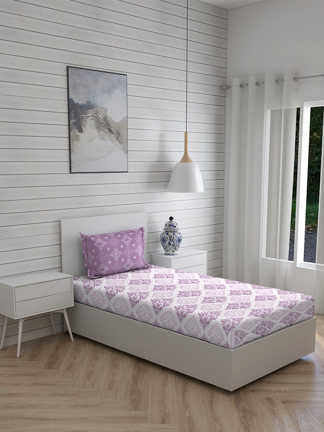 

Layers Purple & White Ethnic Motifs 144 TC Single Bedsheet with 1 Pillow Covers