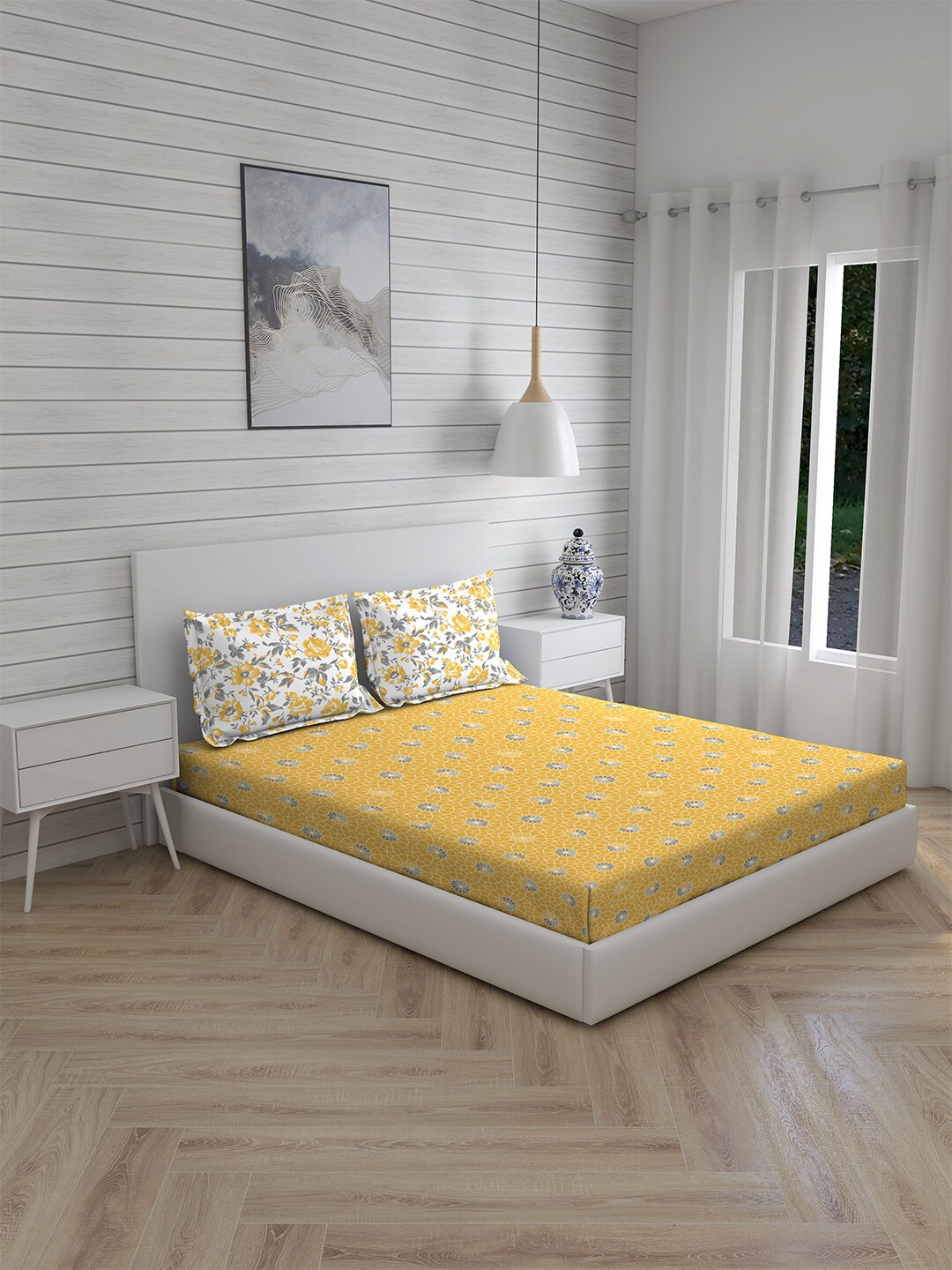 

Layers Yellow & White 144 TC King Bedsheet with 2 Pillow Covers