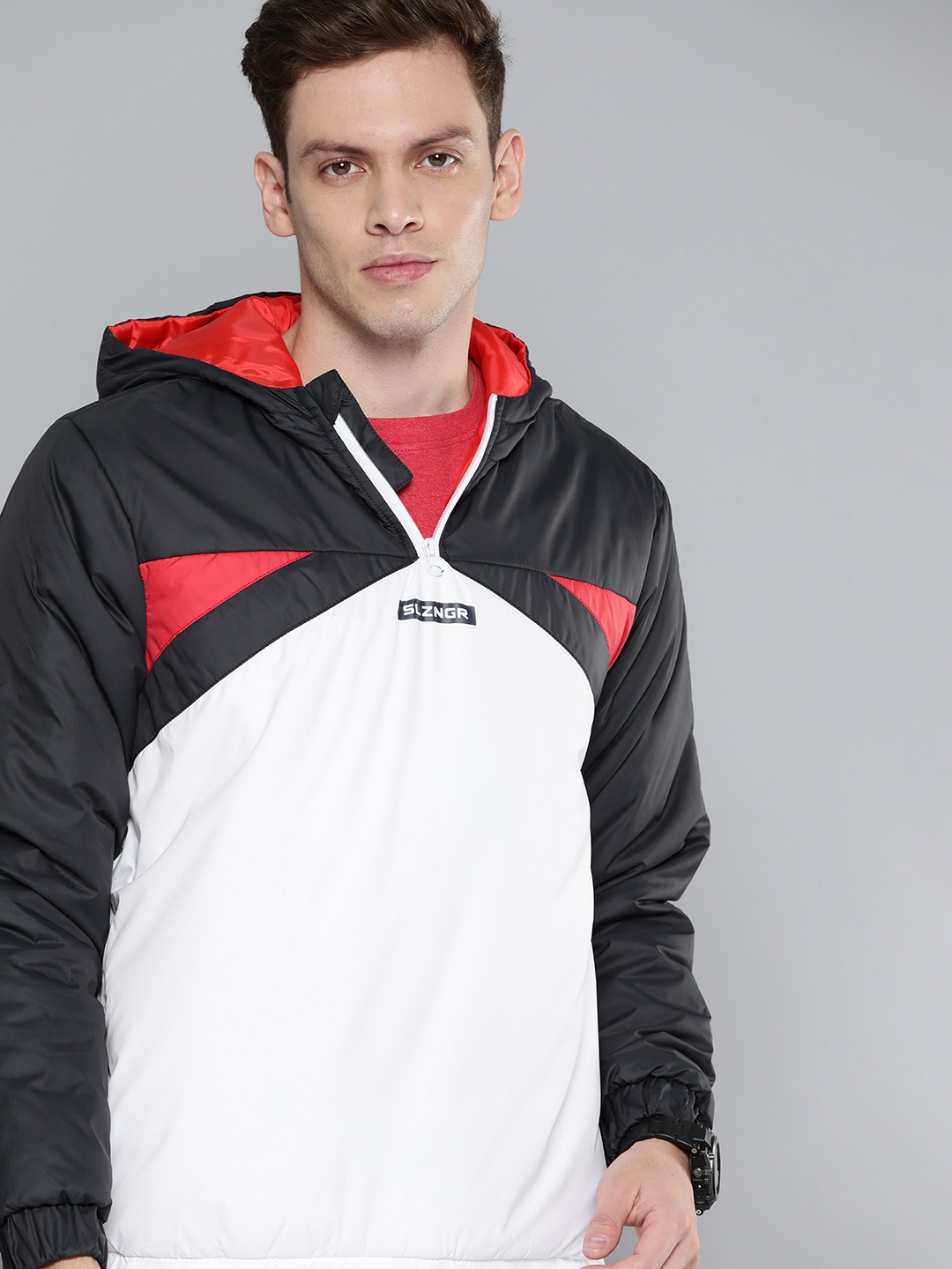

Slazenger Men White & Navy Blue Colourblocked Sporty Jacket