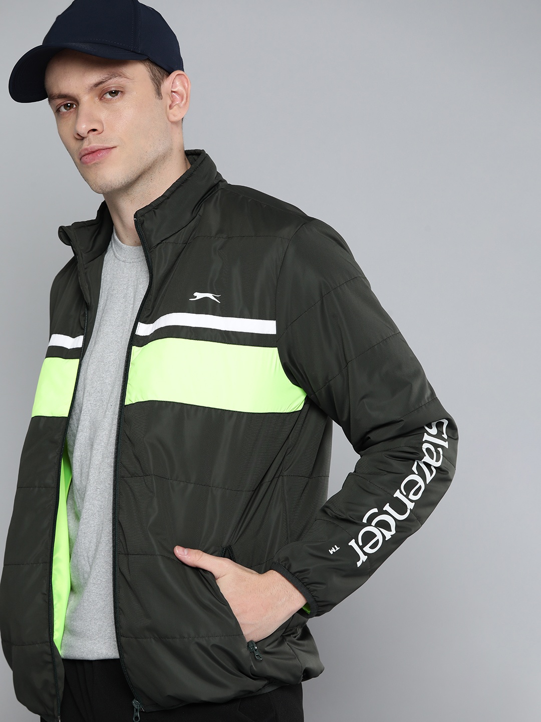 

Slazenger Men Olive Green Fluorescent Green Colourblocked Sporty Jacket