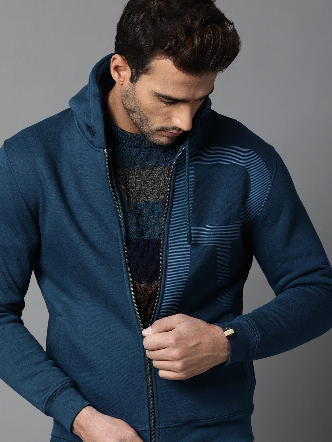 

RARE RABBIT Men Albell Slim Fit Printed Hooded Sweatshirt, Teal
