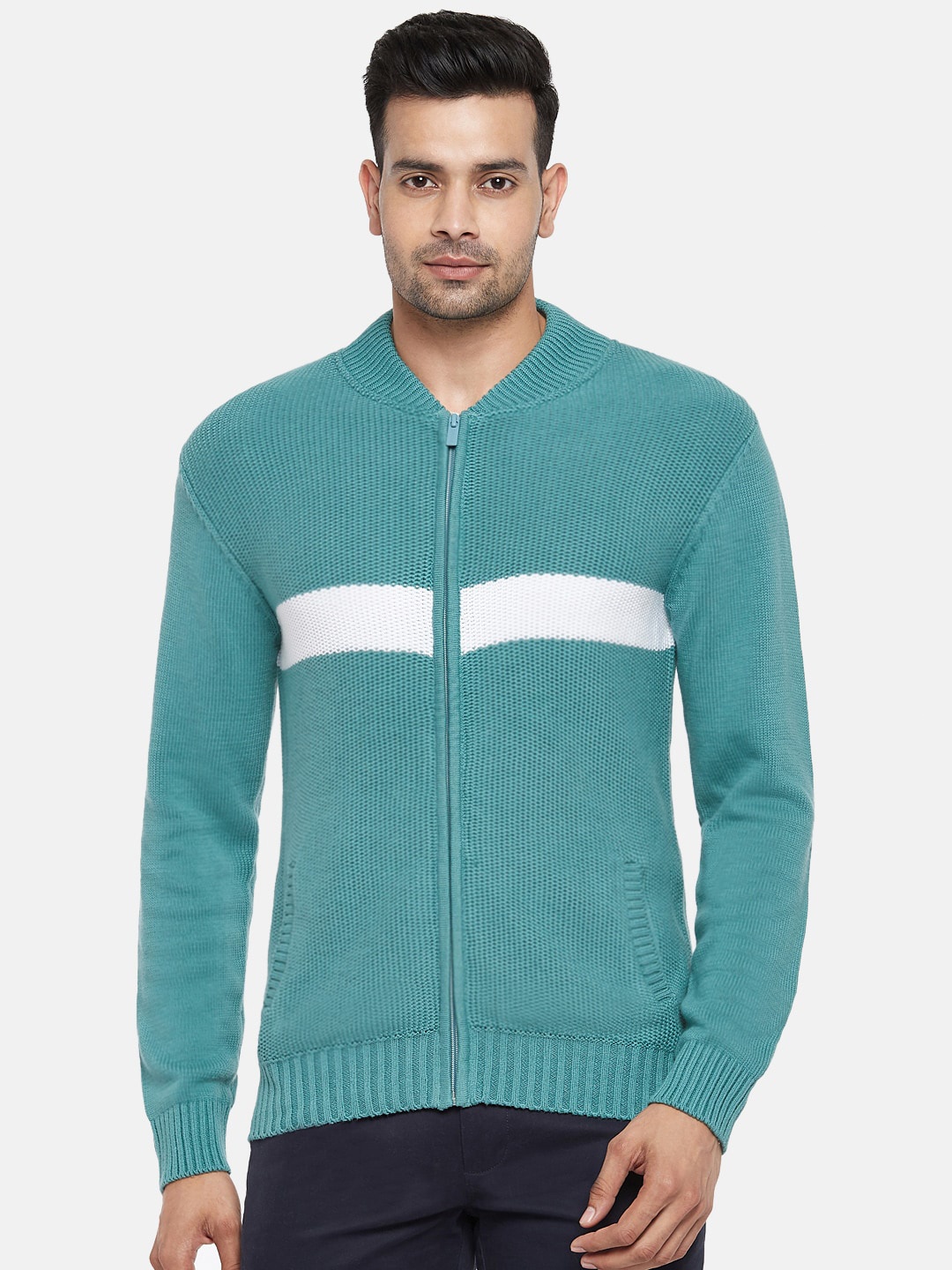 

BYFORD by Pantaloons Men Green & White Ribbed Pure Cotton Cardigan