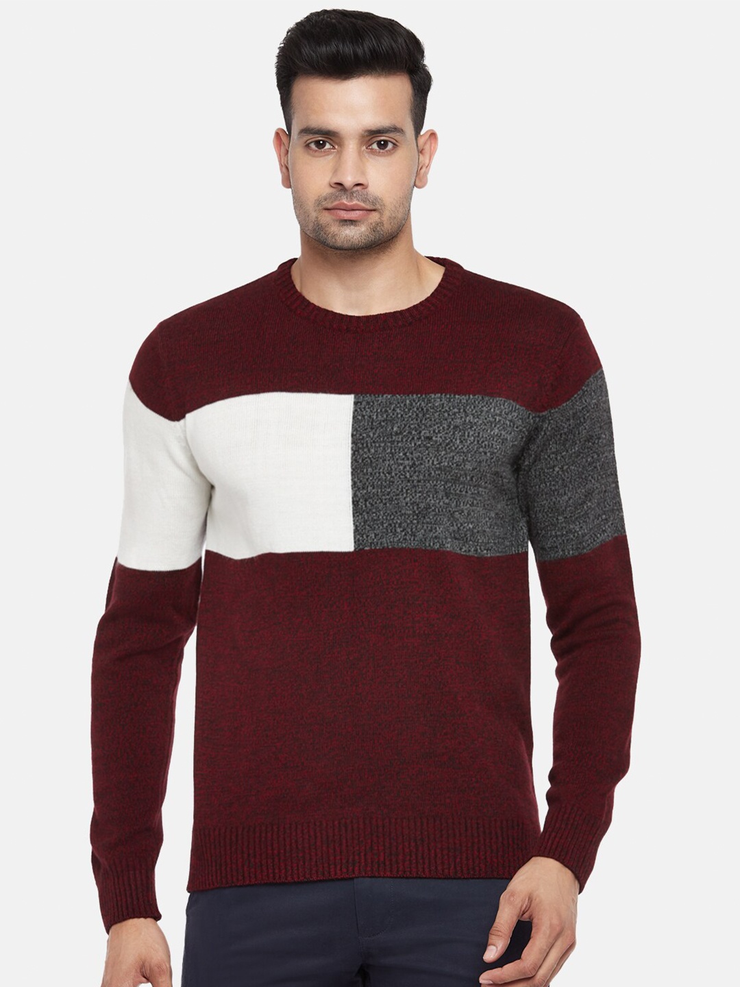 

BYFORD by Pantaloons Men Maroon & White Colourblocked Acrylic Pullover