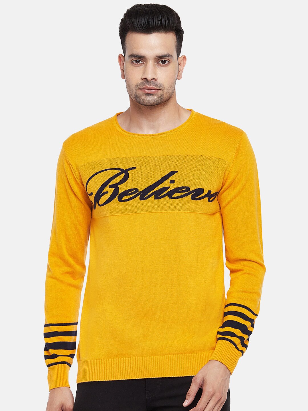 

People Men Blue & Black Typography Printed Cotton Pullover