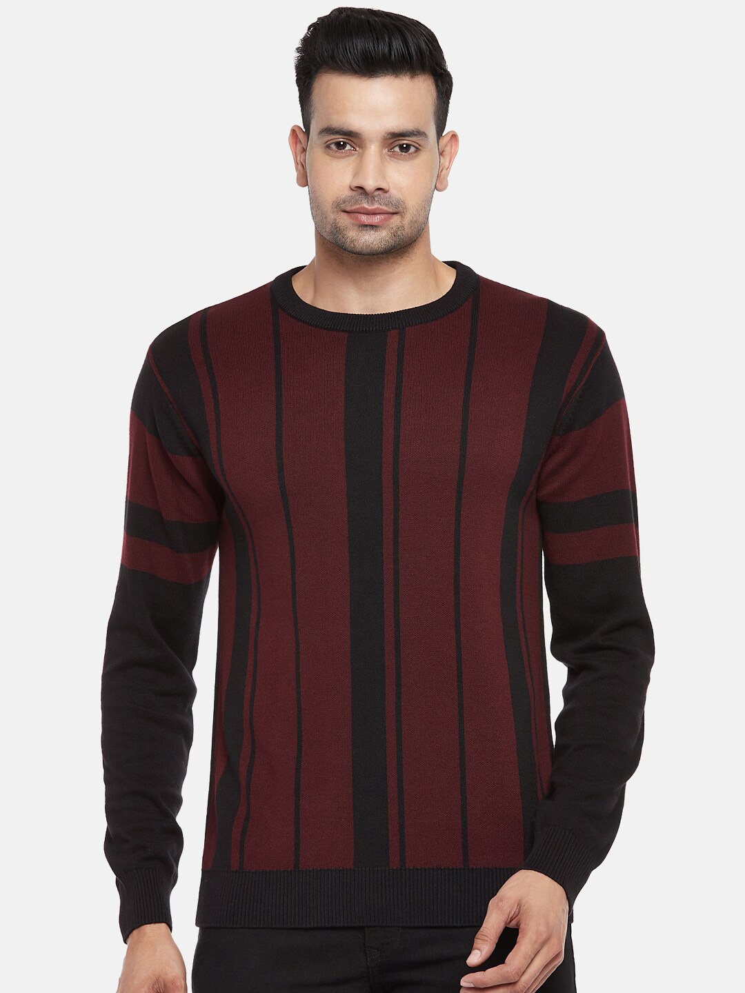 

People Men Black & Maroon Striped Pullover