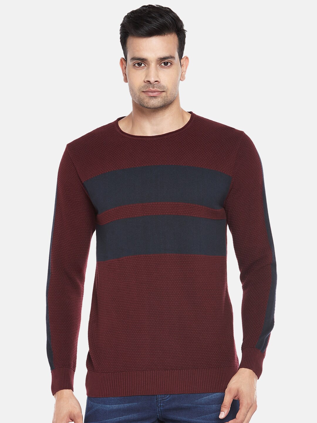 

People Men Maroon & Navy Blue Colourblocked Pure Cotton Pullover