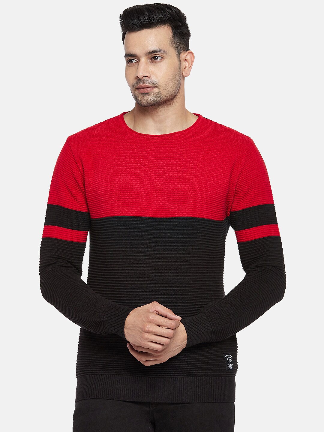 

People Men Red & Black Colourblocked Cotton Pullover