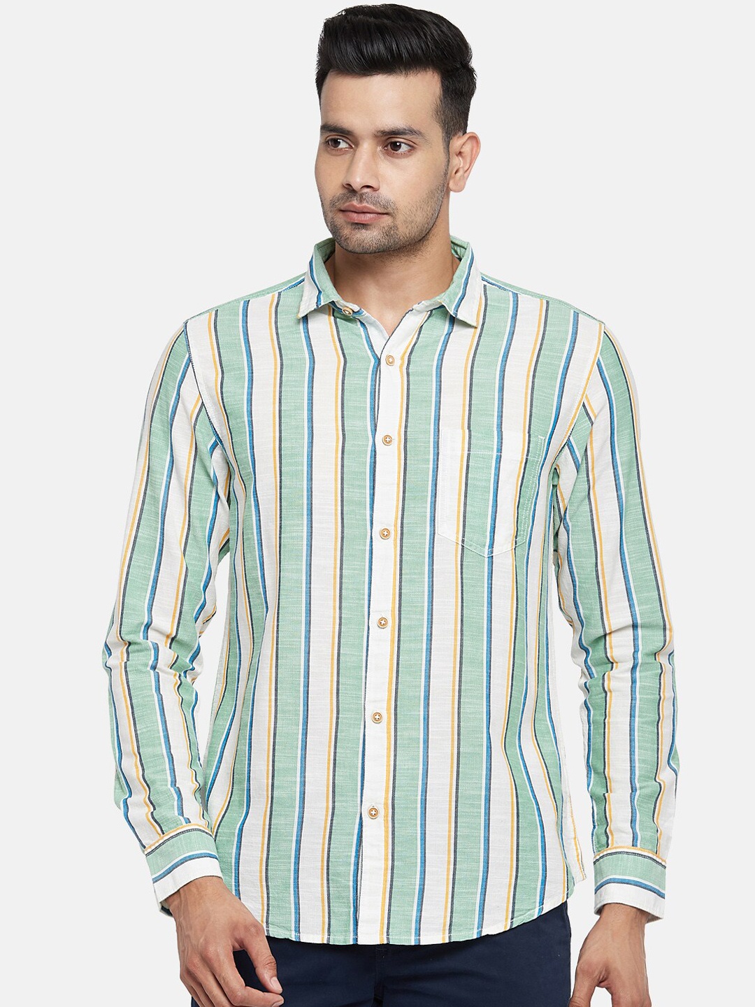 

Urban Ranger by pantaloons Men White & Green Slim Fit Multi Stripes Cotton Casual Shirt