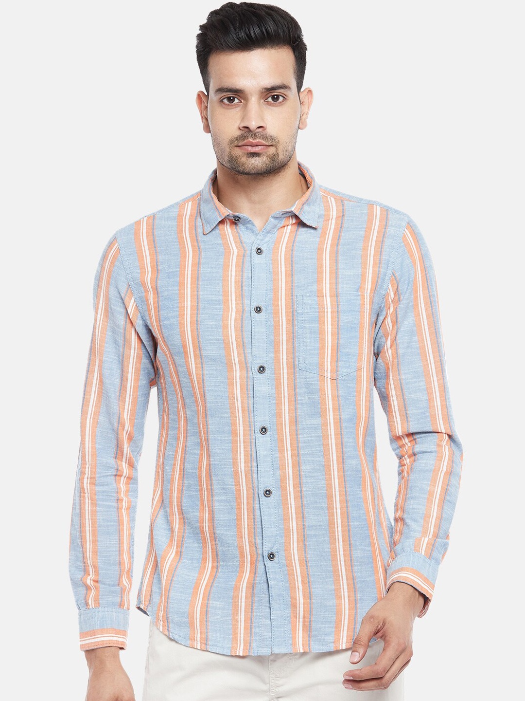 

Urban Ranger by pantaloons Men Blue Slim Fit Horizontal Stripes Striped Casual Shirt