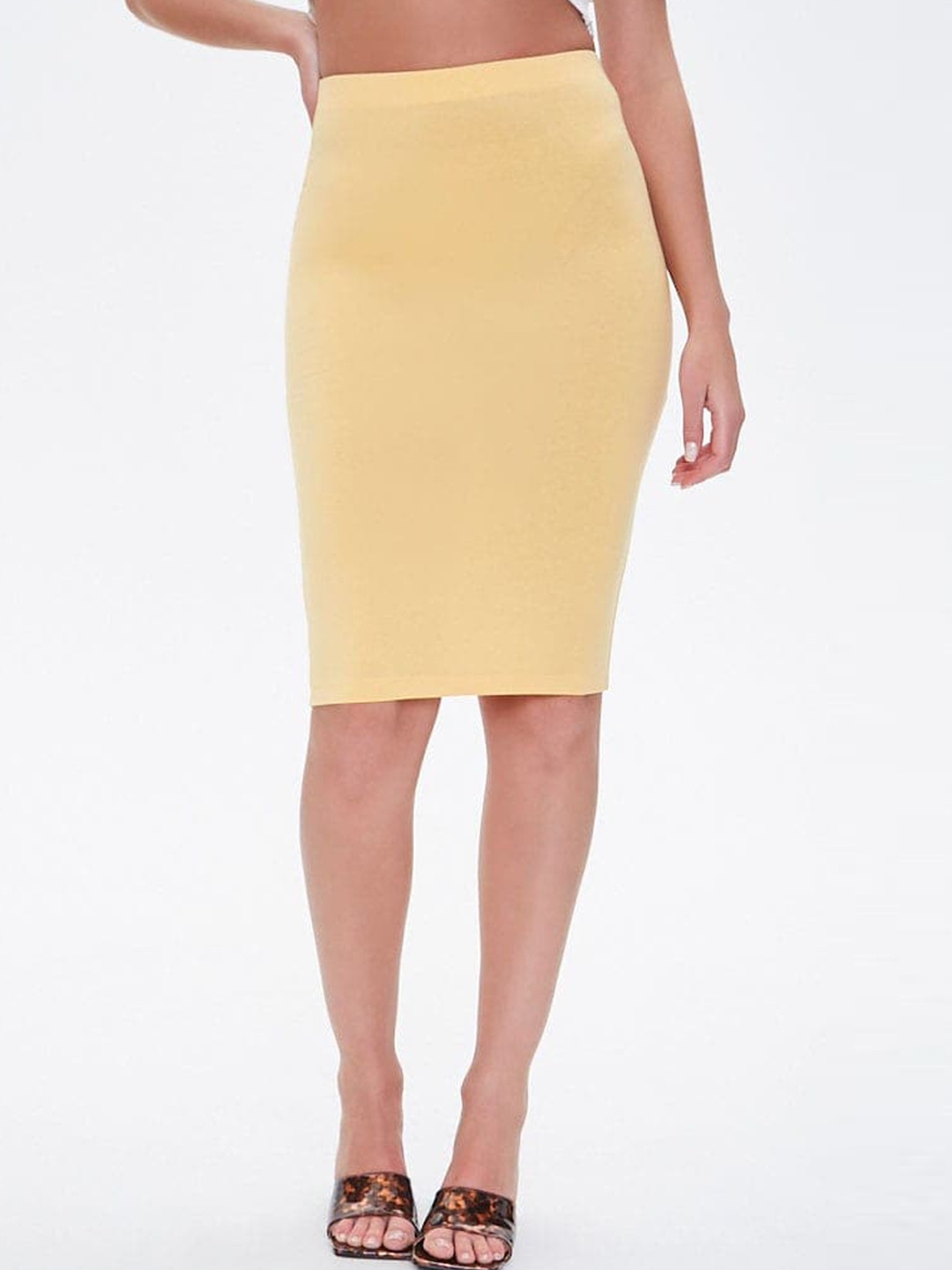

FOREVER 21 Women Yellow Solid Pencil Above Knee-Length Skirt