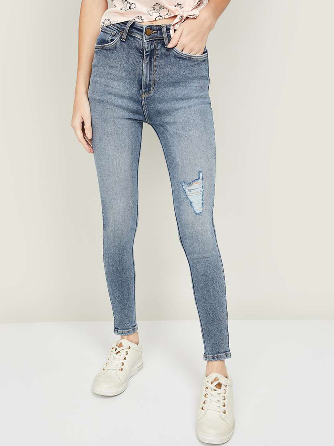 

Xpose Women Blue Skinny Fit High-Rise Low Distress Heavy Fade Stretchable Jeans
