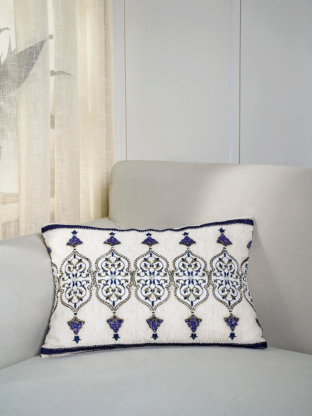 

Pure Home and Living Blue & White Embroidered Rectangle Cushion Covers