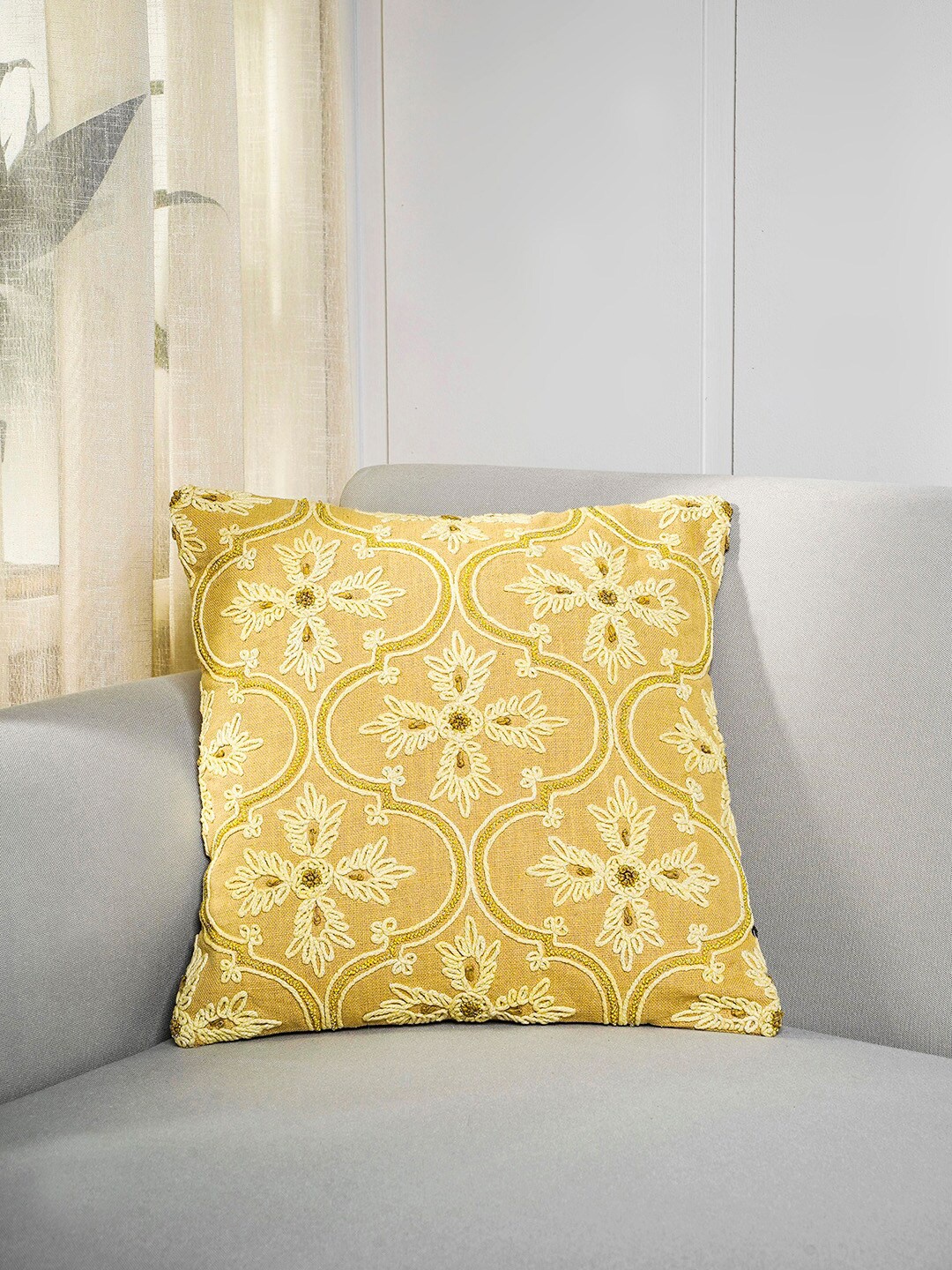 

Pure Home and Living Gold-Toned & Cream-Coloured Embroidered Square Cushion Covers