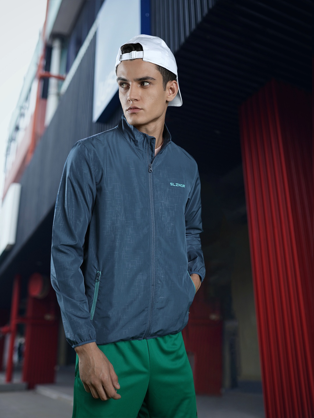 

Slazenger Men Navy Blue Geometric Printed Sporty Rapid-Dry Jacket