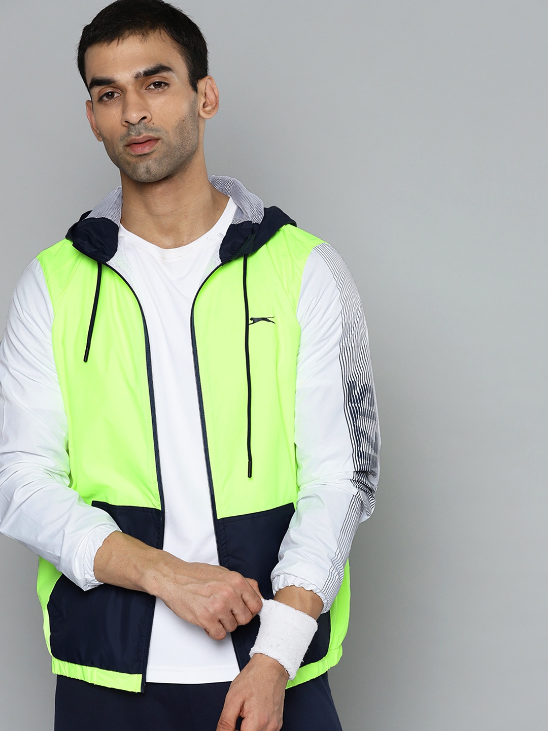 

Slazenger Men Fluorescent Green & Black Colourblocked Running Rapid-Dry Jacket