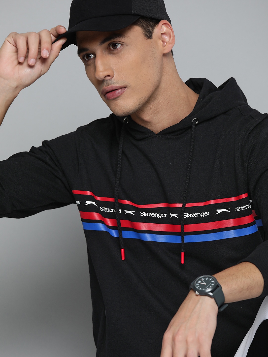 

Slazenger Men Black Striped Hooded Sweatshirt