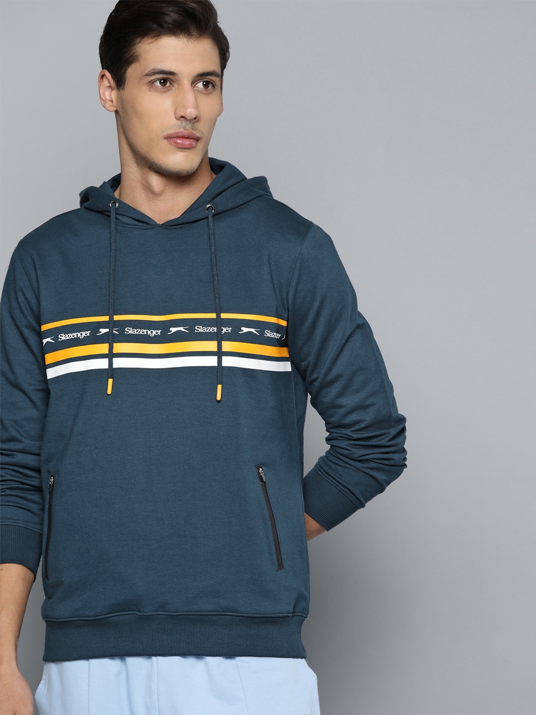 

Slazenger Men Teal Blue & Yellow Striped Hooded Sweatshirt
