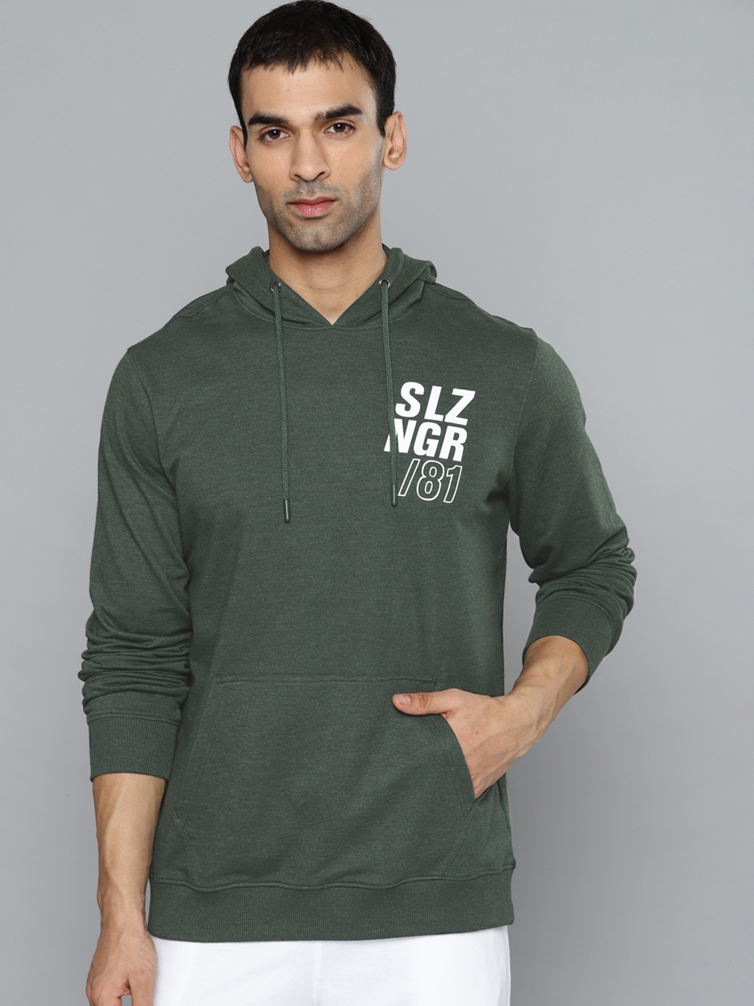

Slazenger Men Green & White Brand Logo Print Hooded Sweatshirt