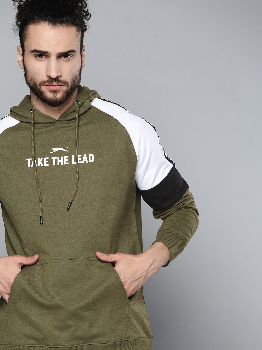 

Slazenger Men Olive Green & White Printed Hooded Sweatshirt