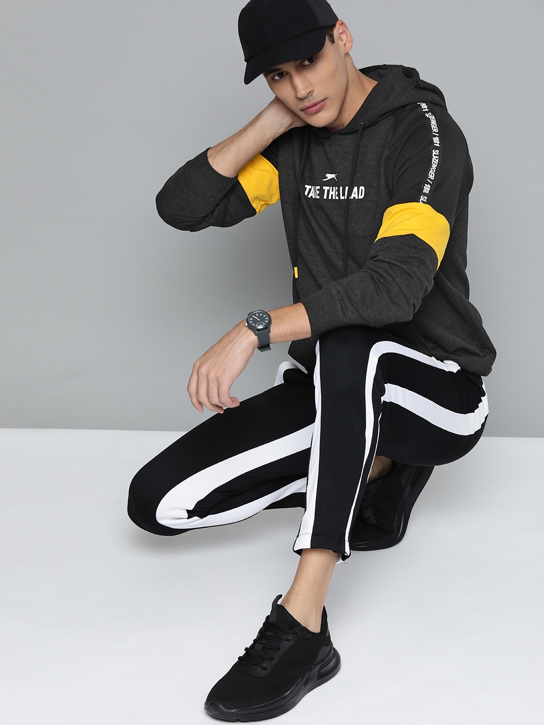 

Slazenger Men Charcoal Grey & White Printed Detail Hooded Athleisure Sweatshirt