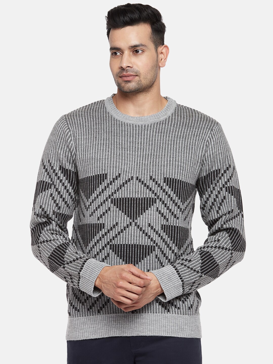 

BYFORD by Pantaloons Men Grey & Black Printed Pure Acrylic Pullover