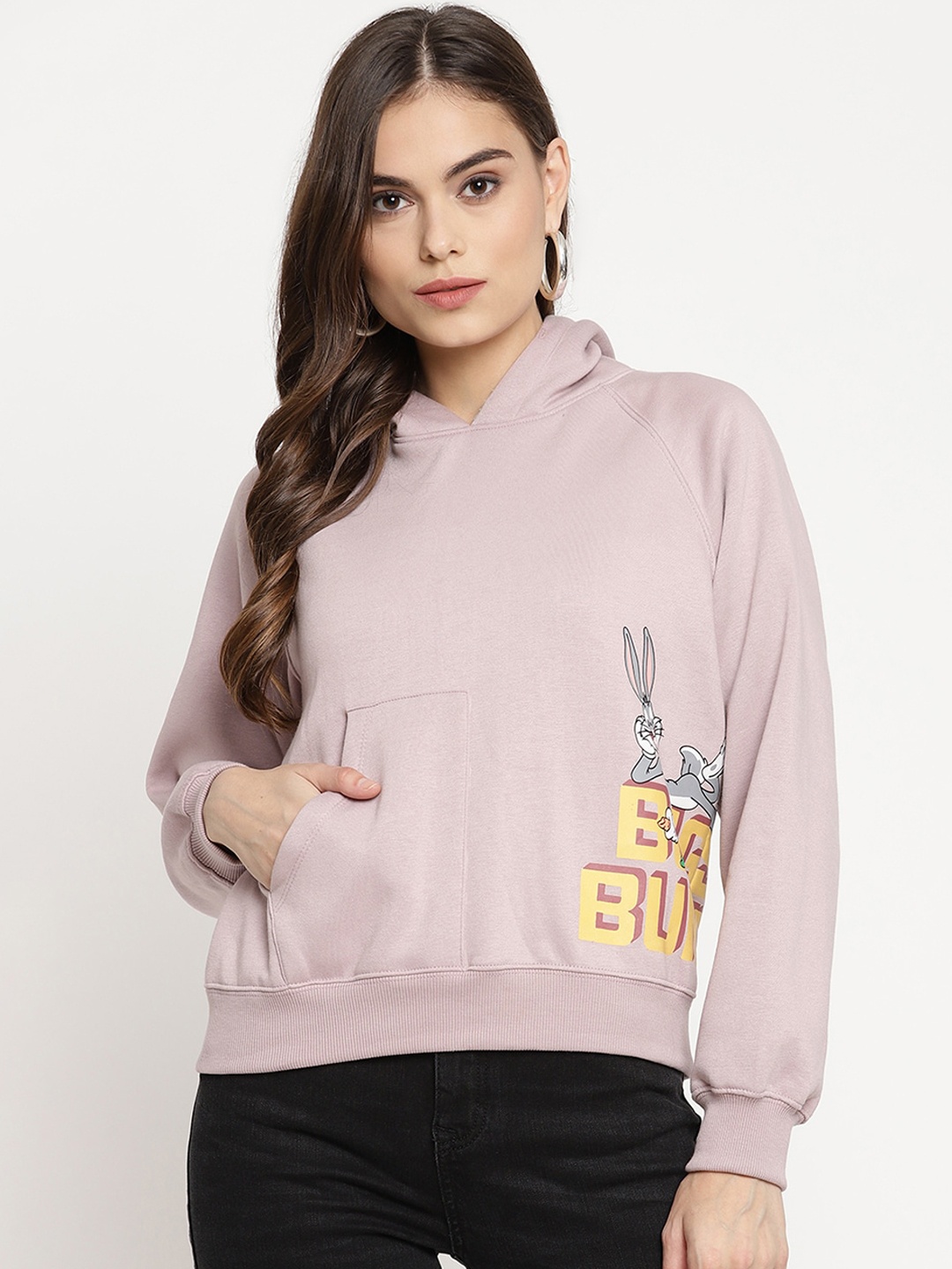 

Madame Women Mauve Printed Hooded Sweatshirt