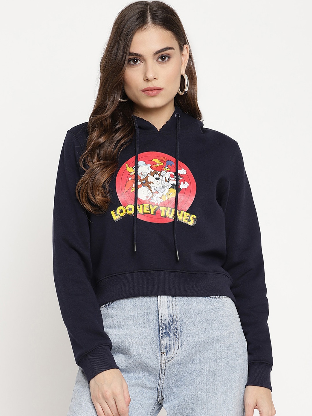

Madame Women Navy Blue Looney Tunes Printed Hooded Crop Sweatshirt