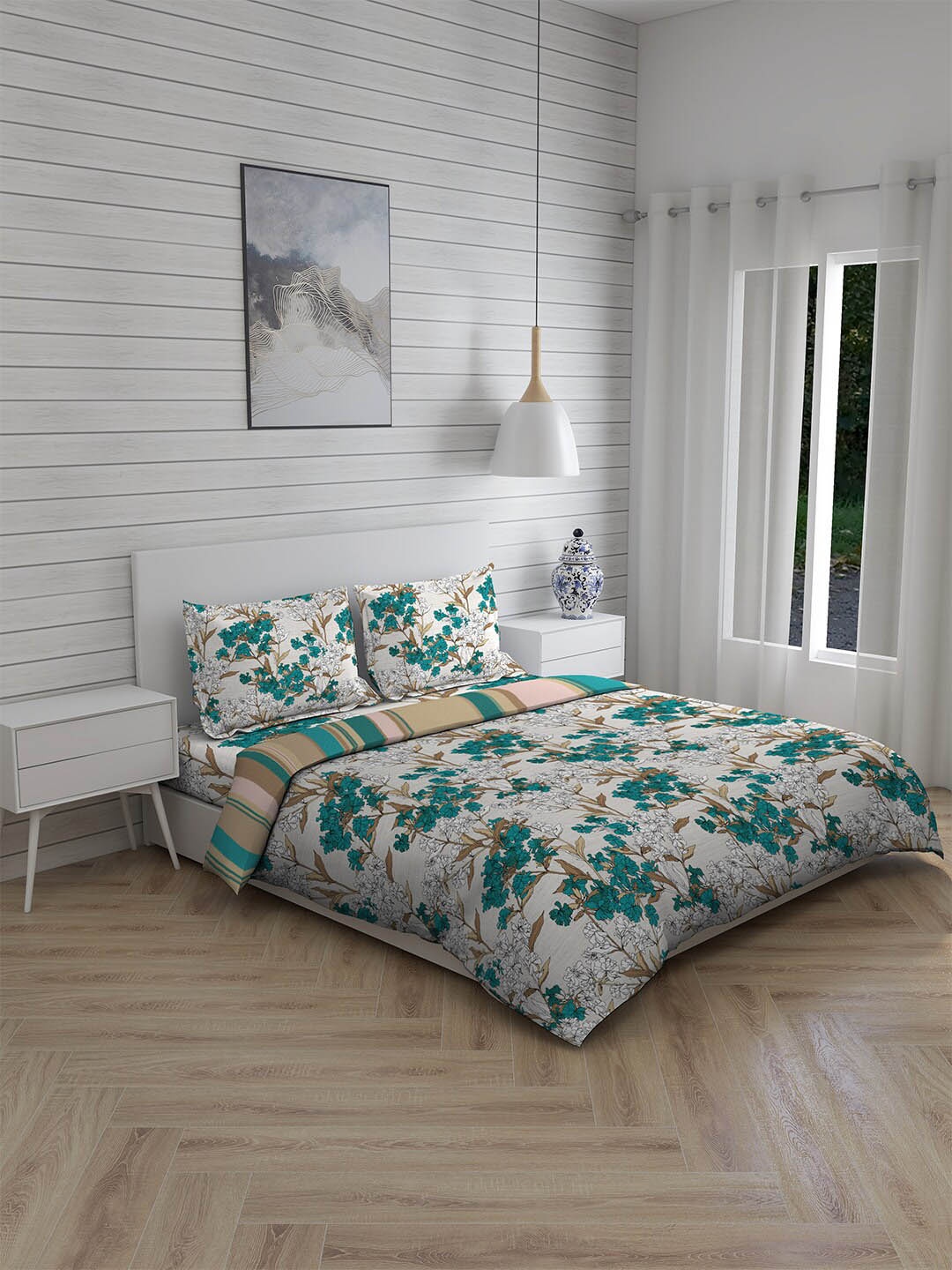 

Layers Green & Beige Floral Printed Pure Cotton 146 TC Double King 4-Piece Bedding Set