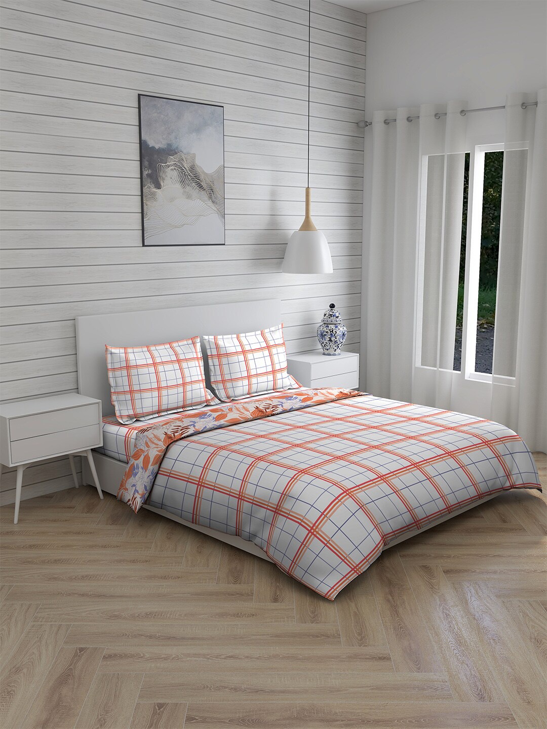 

Layers Orange & White Checked Pure Cotton 146 TC Double King 4-Piece Bedding Set