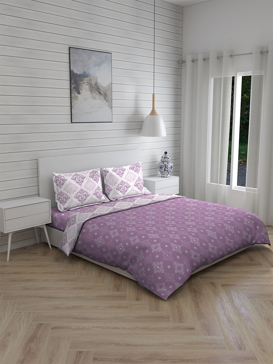 

Layers Purple & White Floral Printed Pure Cotton 146 TC Double King 4-Piece Bedding Set