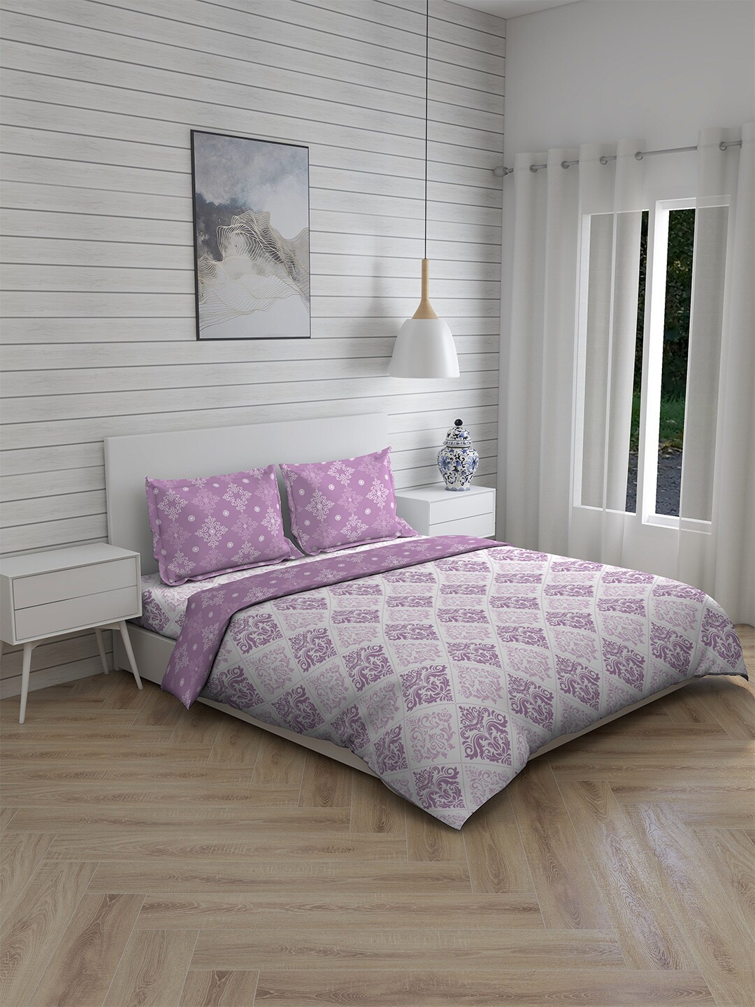 

Layers Purple & White Ethnic Motifs Printed Pure Cotton Double King Bedding Set