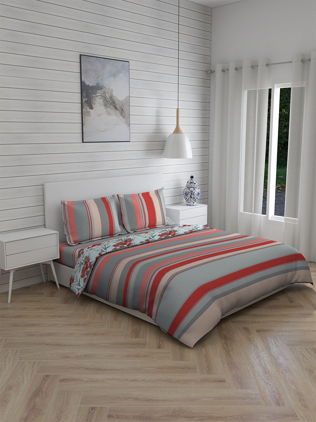 

Layers Coral-Coloured & Grey Printed 146 TC Pure Cotton Bedding Set