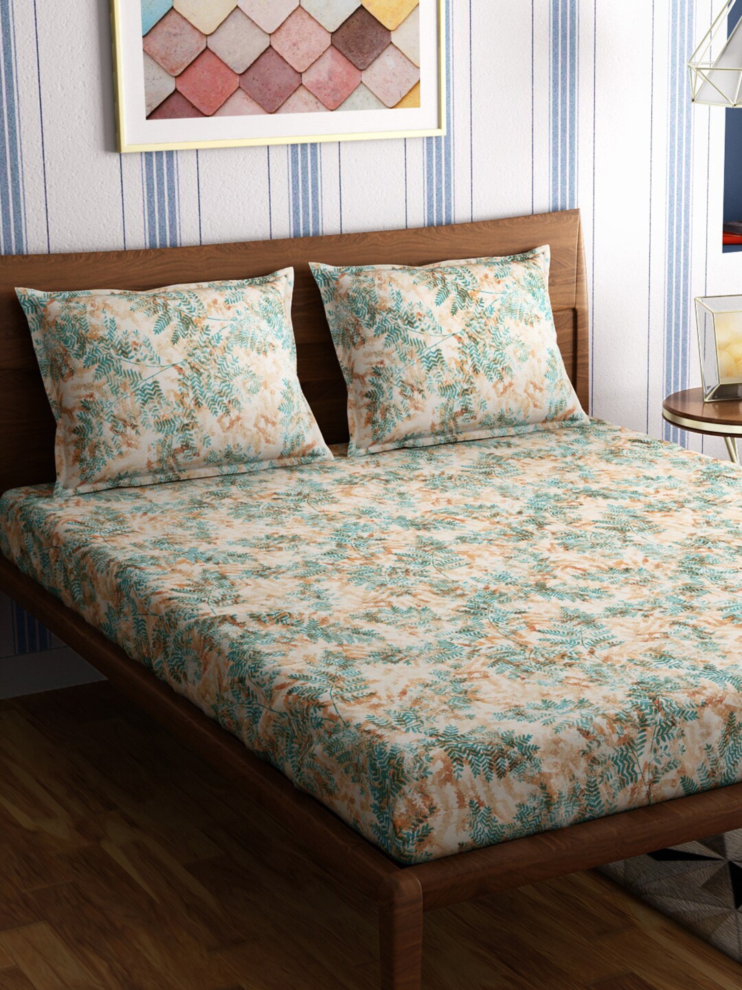 

PETAL HOME Orange & Green Floral 300 TC Queen Bedsheet with 2 Pillow Covers