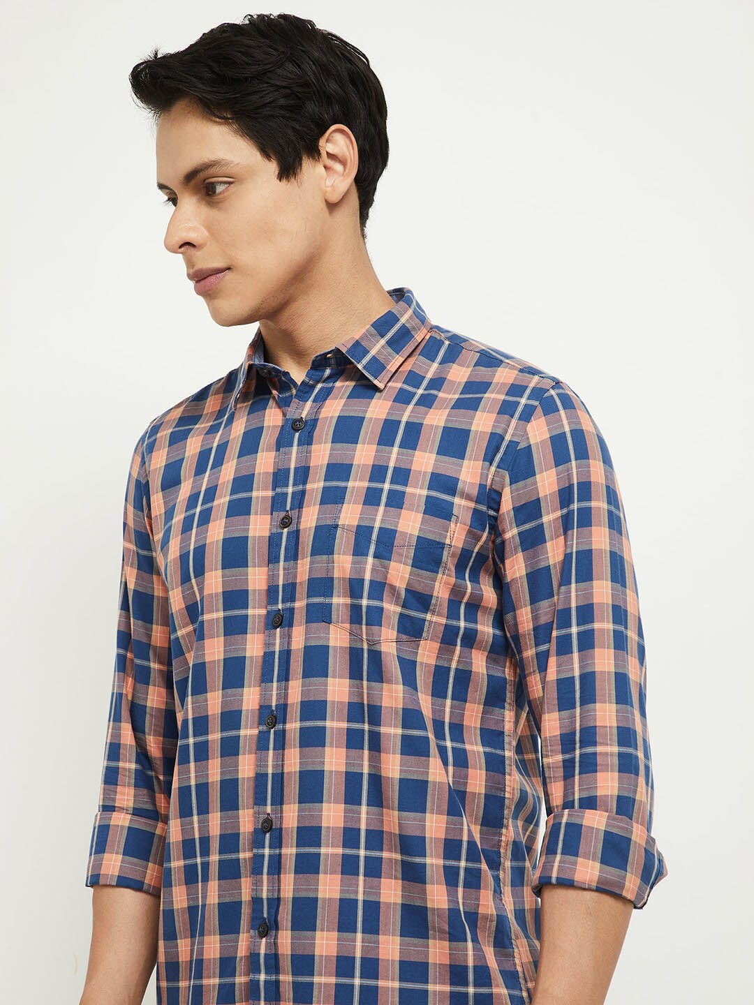 

max Men Blue Tartan Checked Casual Shirt
