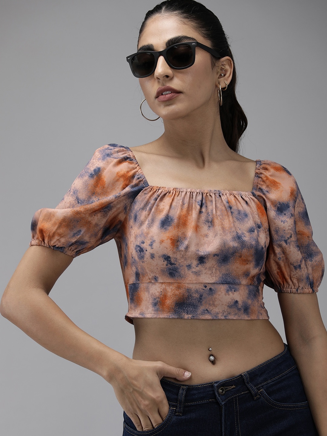 

The Roadster Lifestyle Co. Puff Sleeves Tie and Dye Smocked Crop Top, Peach