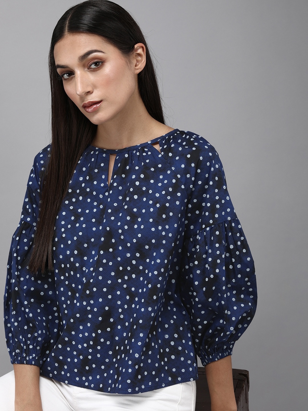 

Roadster Navy Blue & White Polka Dots Print Keyhole Neck Bishop Sleeves Pure Cotton Top