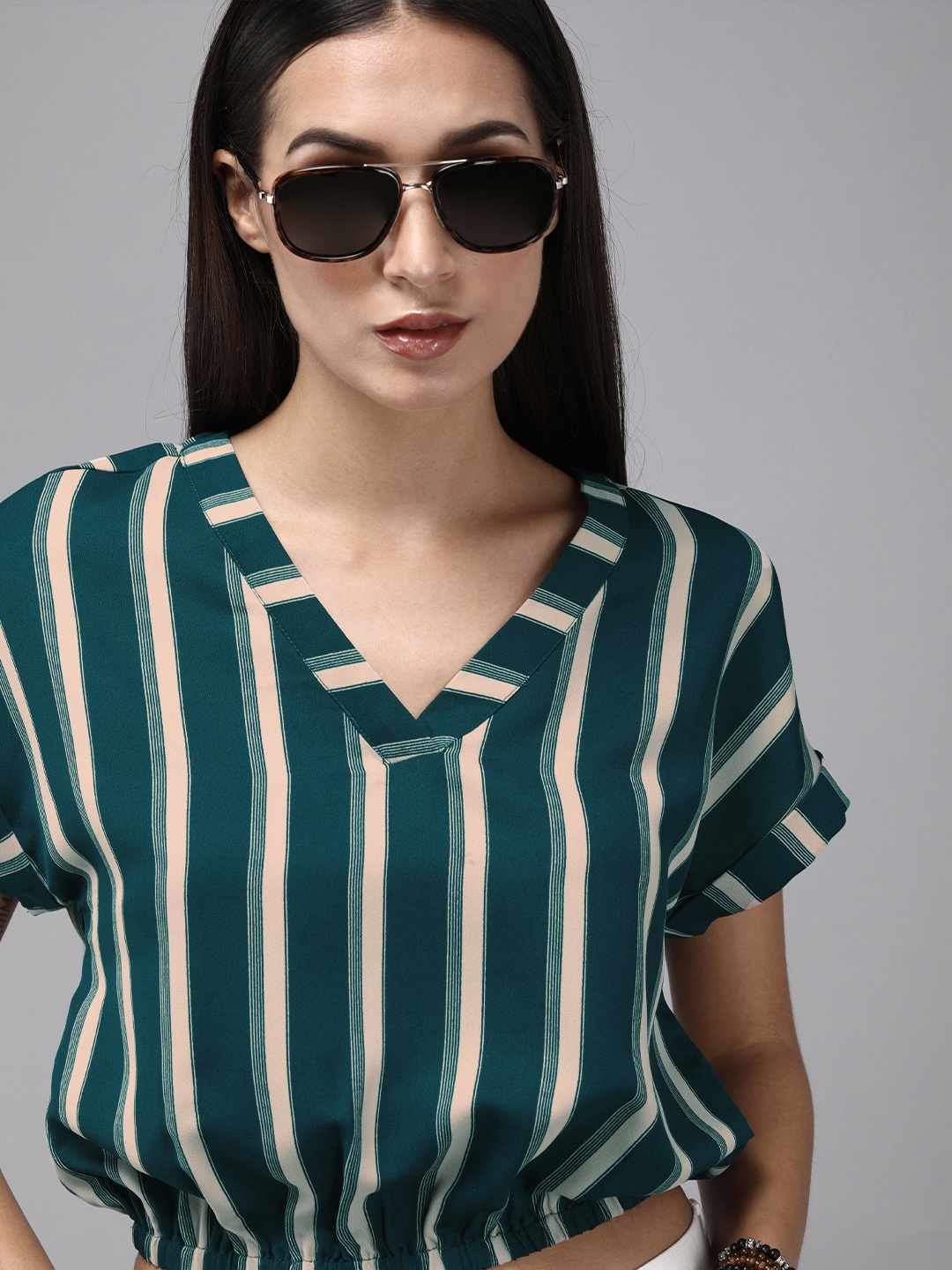 

Roadster Teal Green & Nude-Coloured Vertical Stripes V-Neck Blouson Crop Top