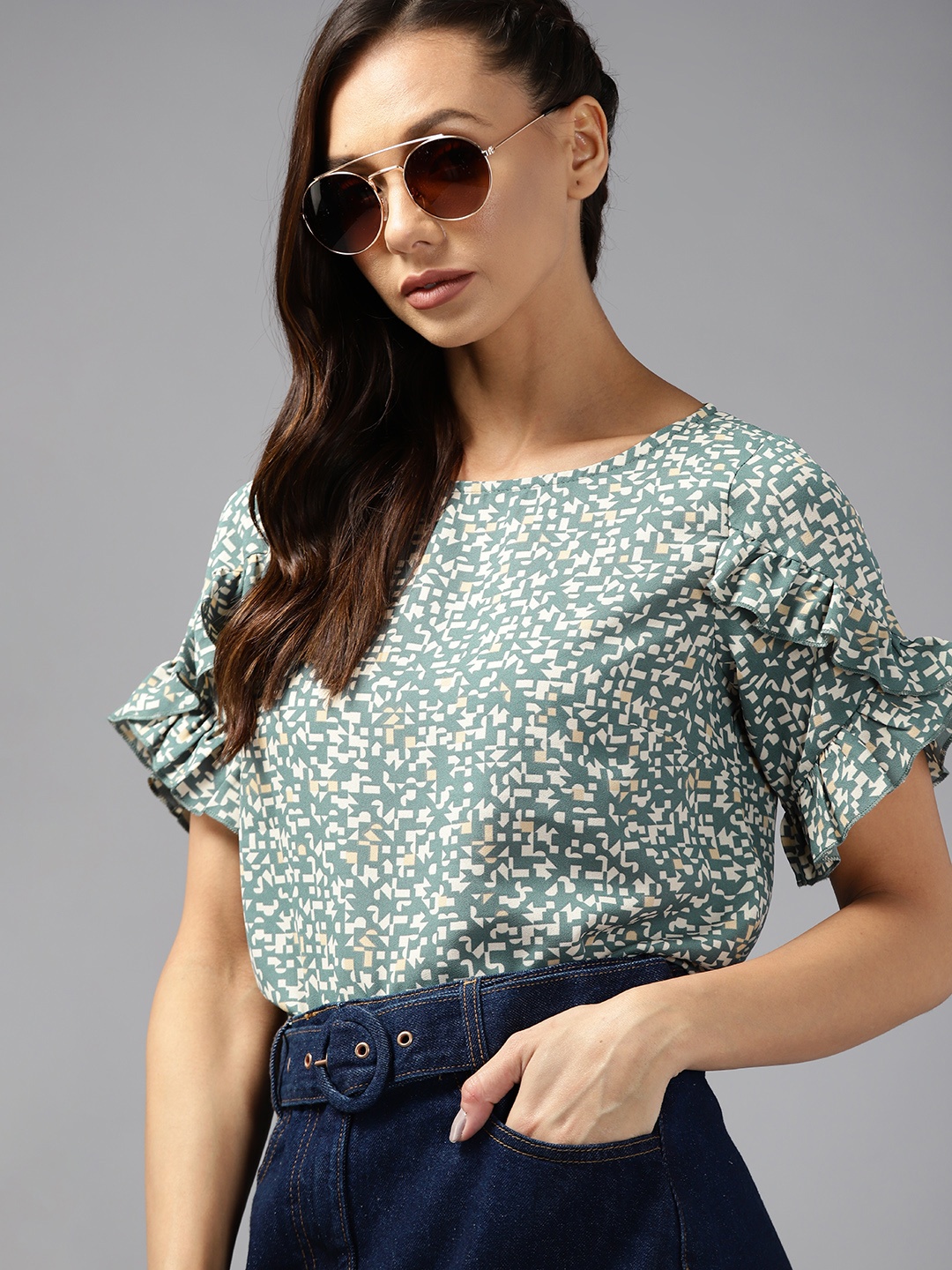 

Roadster Teal Blue & Off White Geometric Print Top