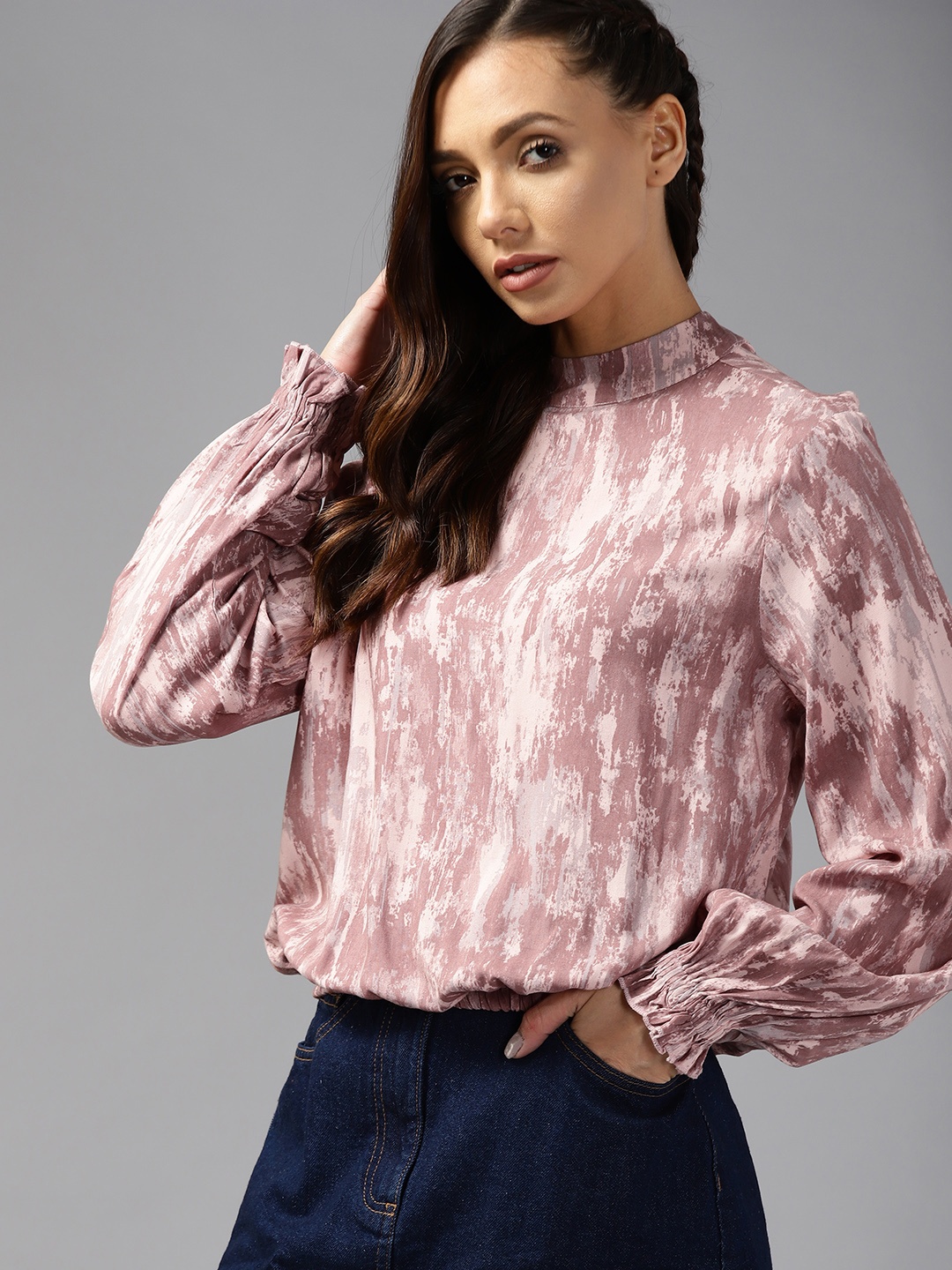 

Roadster Pink & Taupe Print Halter Neck Blouson Top