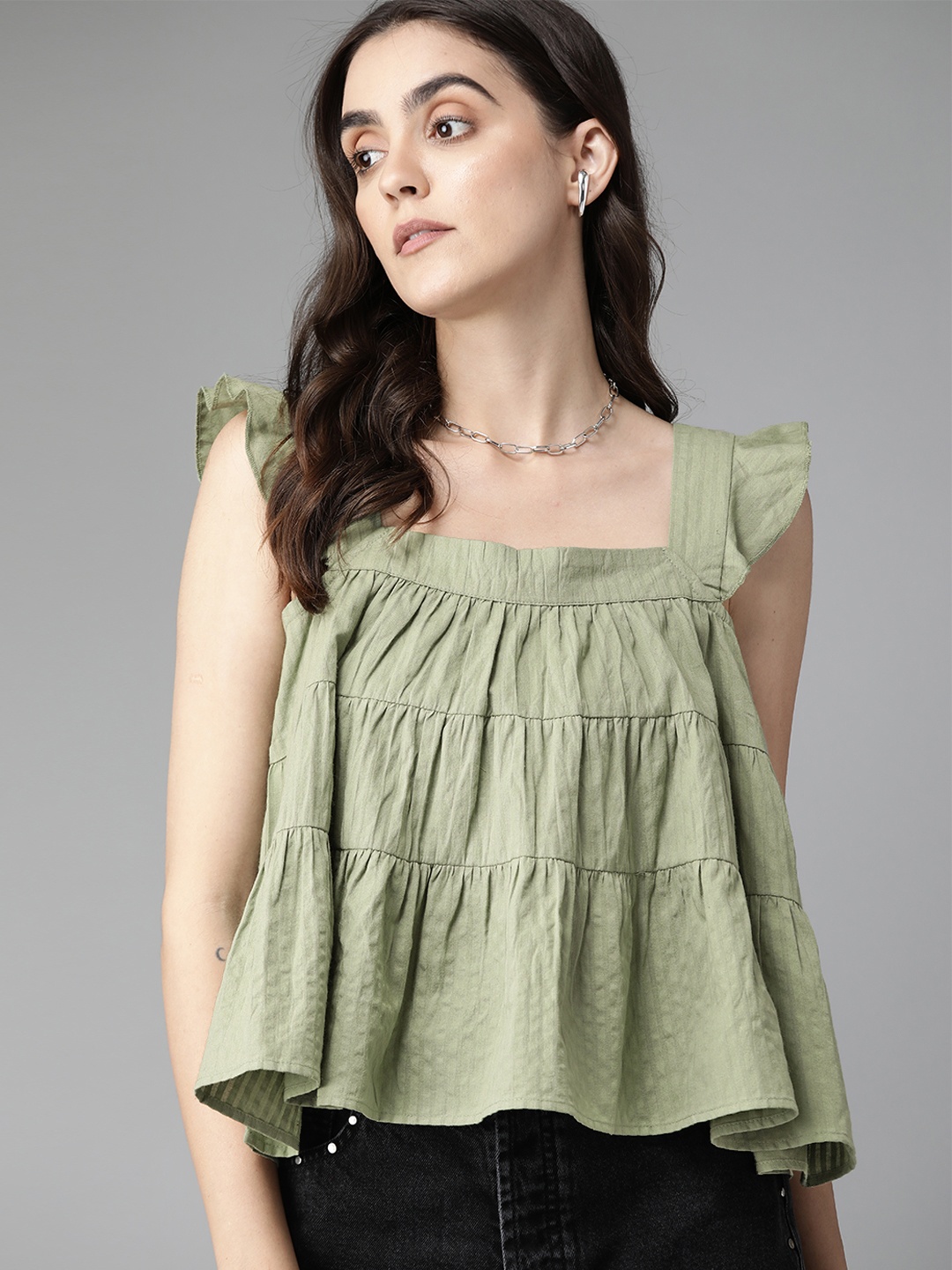 

The Roadster Lifestyle Co Women Olive Green Solid Pure Cotton Seersucker Tiered A-Line Top