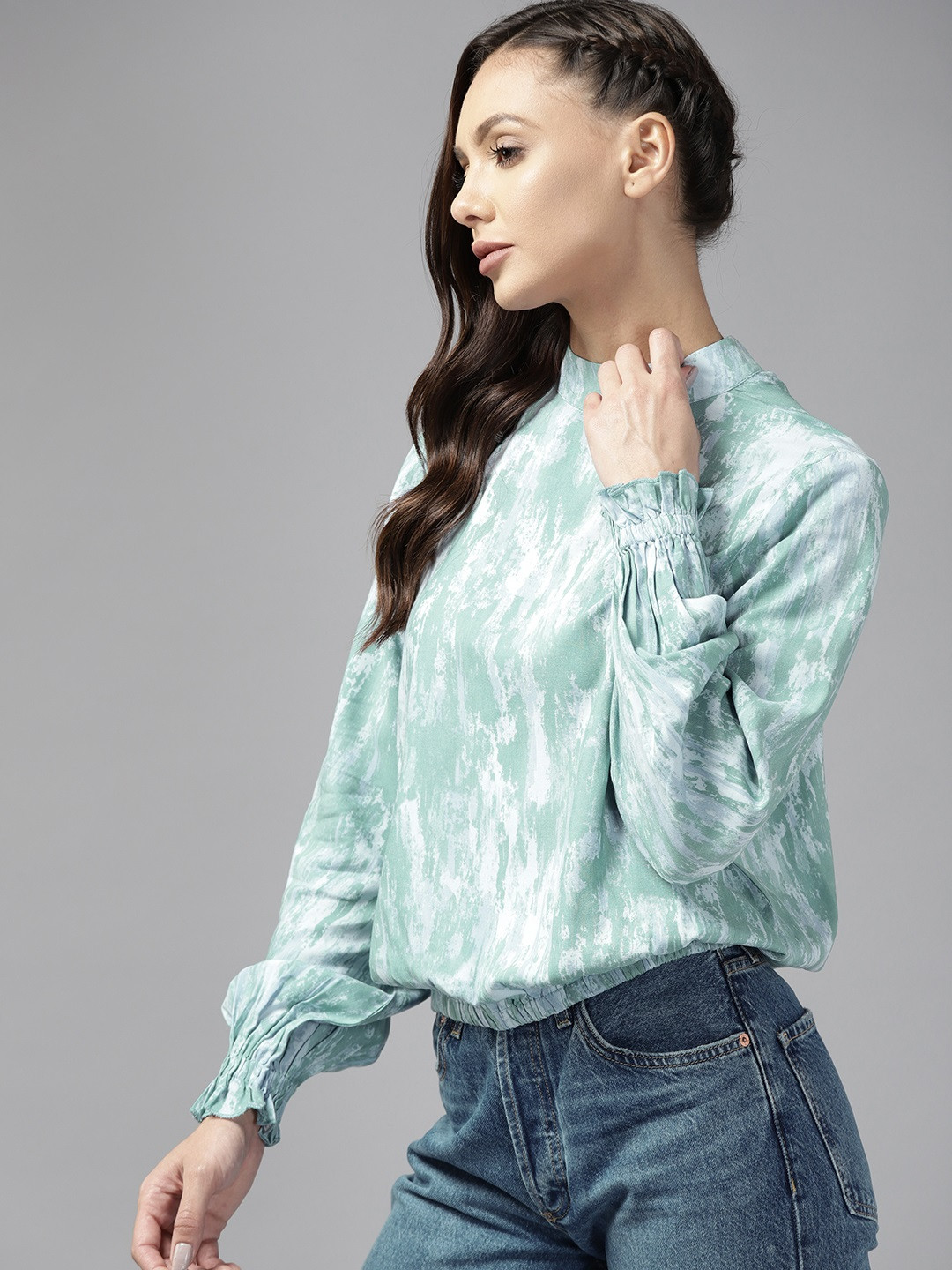 

Roadster Blue & Green Print Halter Neck Blouson Top